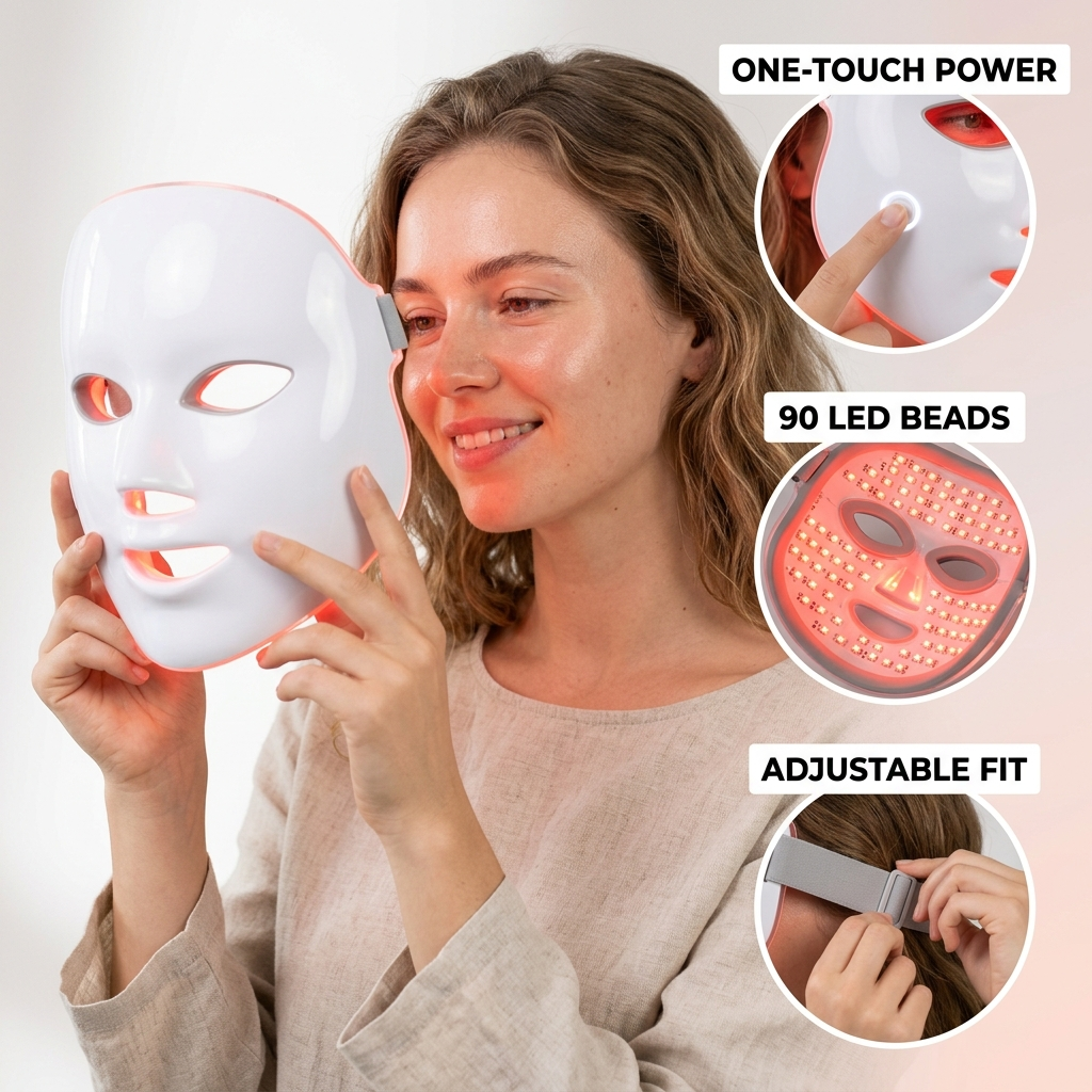 How the Red Light Therapy Mask works, one touch power, LED beads, adjustable fit