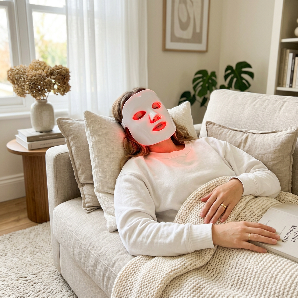 Relaxing with the Red Light Therapy Mask on the couch