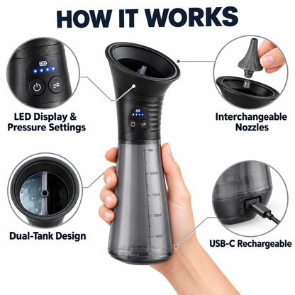 Ear Rinse Pro features, LED display, nozzles, dual tank, USB-C