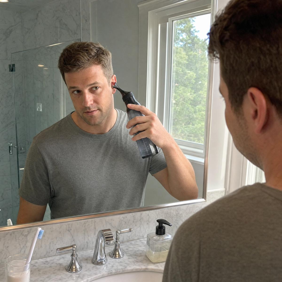 Using the Ear Rinse Pro at the bathroom sink