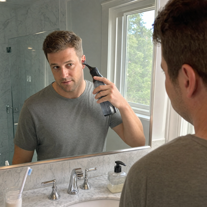 Using the Ear Rinse Pro at the bathroom sink